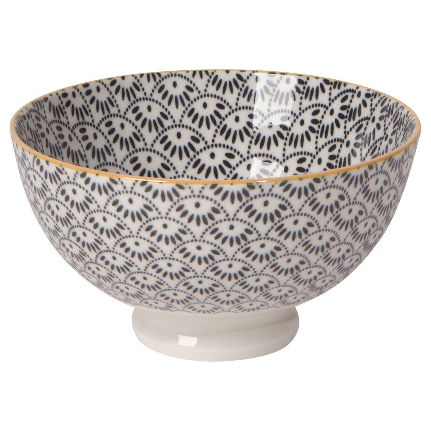 Decorative ceramic bowl with black and white pattern on a white background.