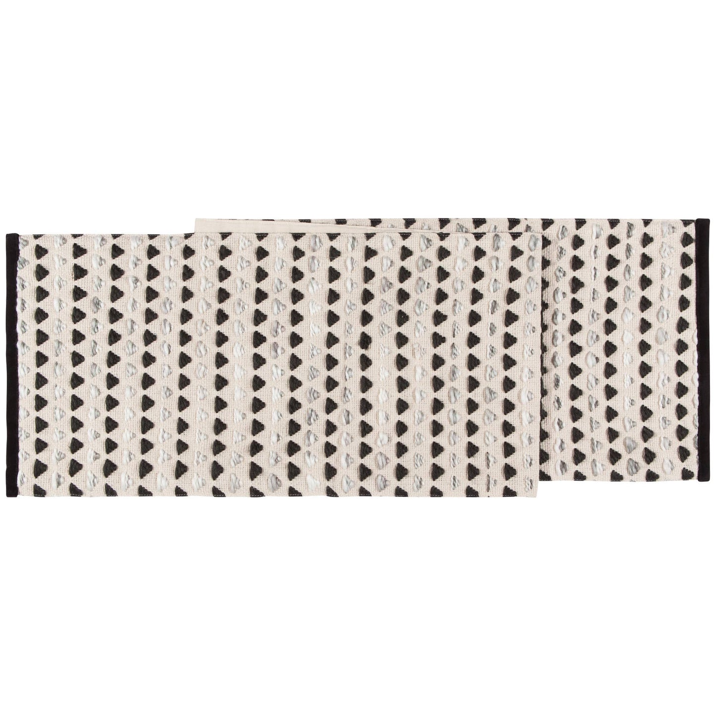A beige and black woven table runner with a geometric pattern and velvet trim.