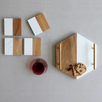 Marble and Acacia Hexagon Serving Tray w/Gold Handles