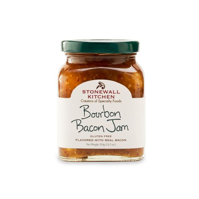 Bourbob Bacon Jam by Stonewall Kitchen. A boozy, savory jam with real pieces of bacon Sweetened with Grade A Maine maple syrup