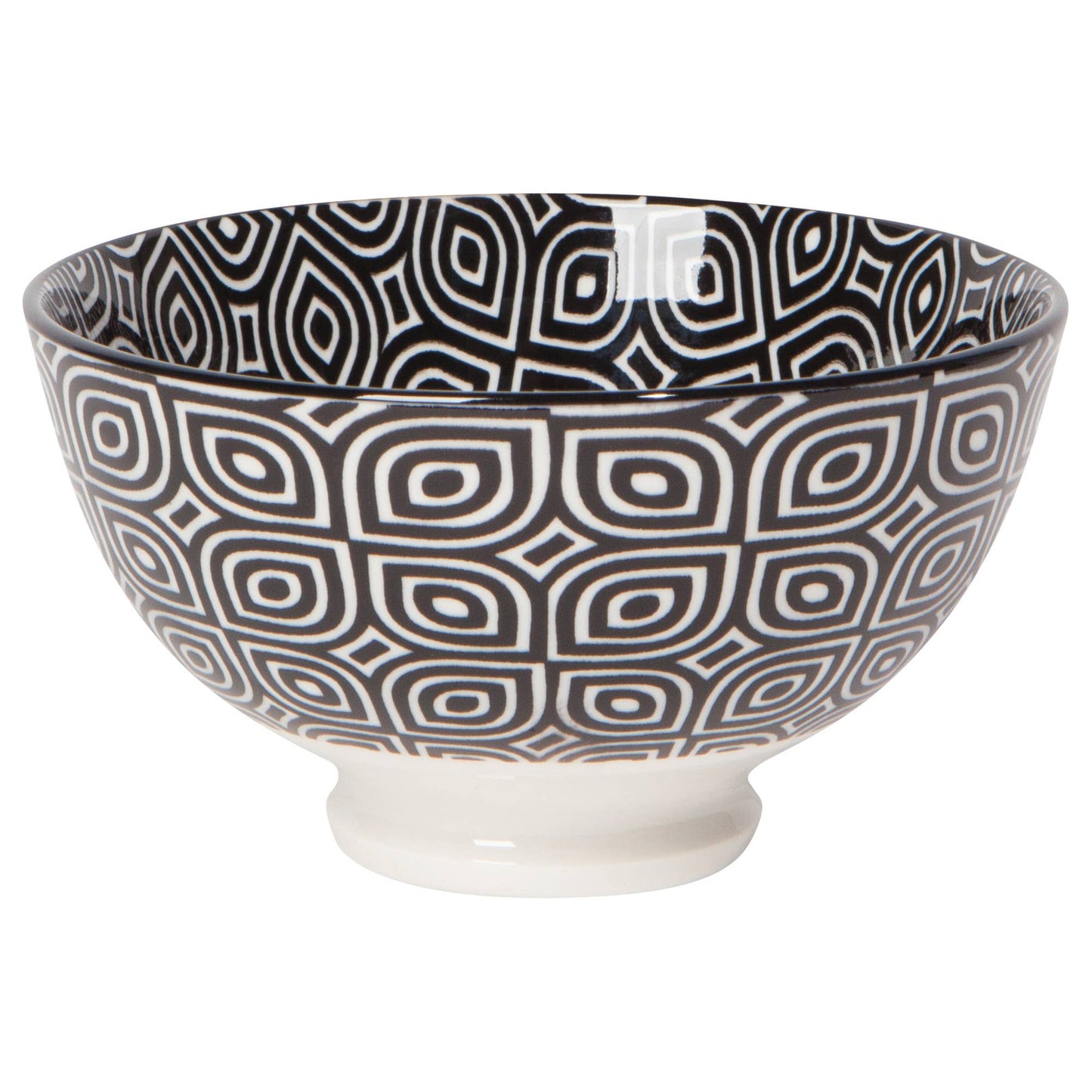 Ceramic bowl with black and white geometric pattern on a white background