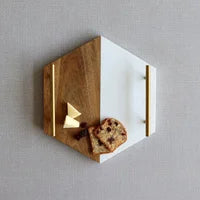Marble and Acacia Hexagon Serving Tray w/Gold Handles