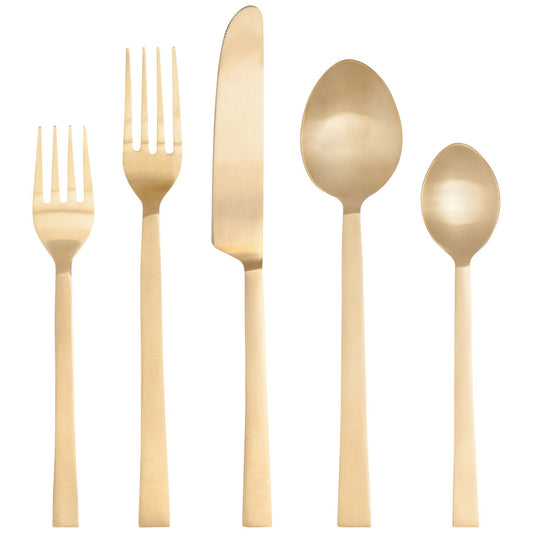 Set of 5 matte gold cutlery including two forks, a knife, and two spoons on a white background.