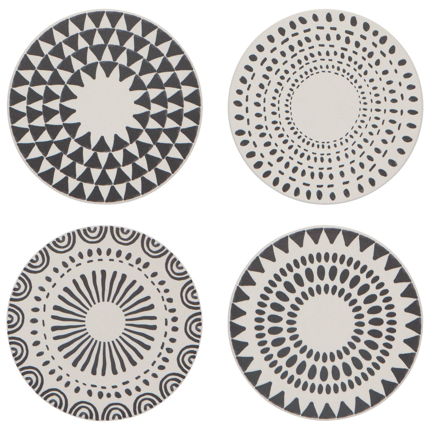 Add a touch of monochrome modern art to your tables or countertops with these Orbit Soak Up Coasters by Now Designs