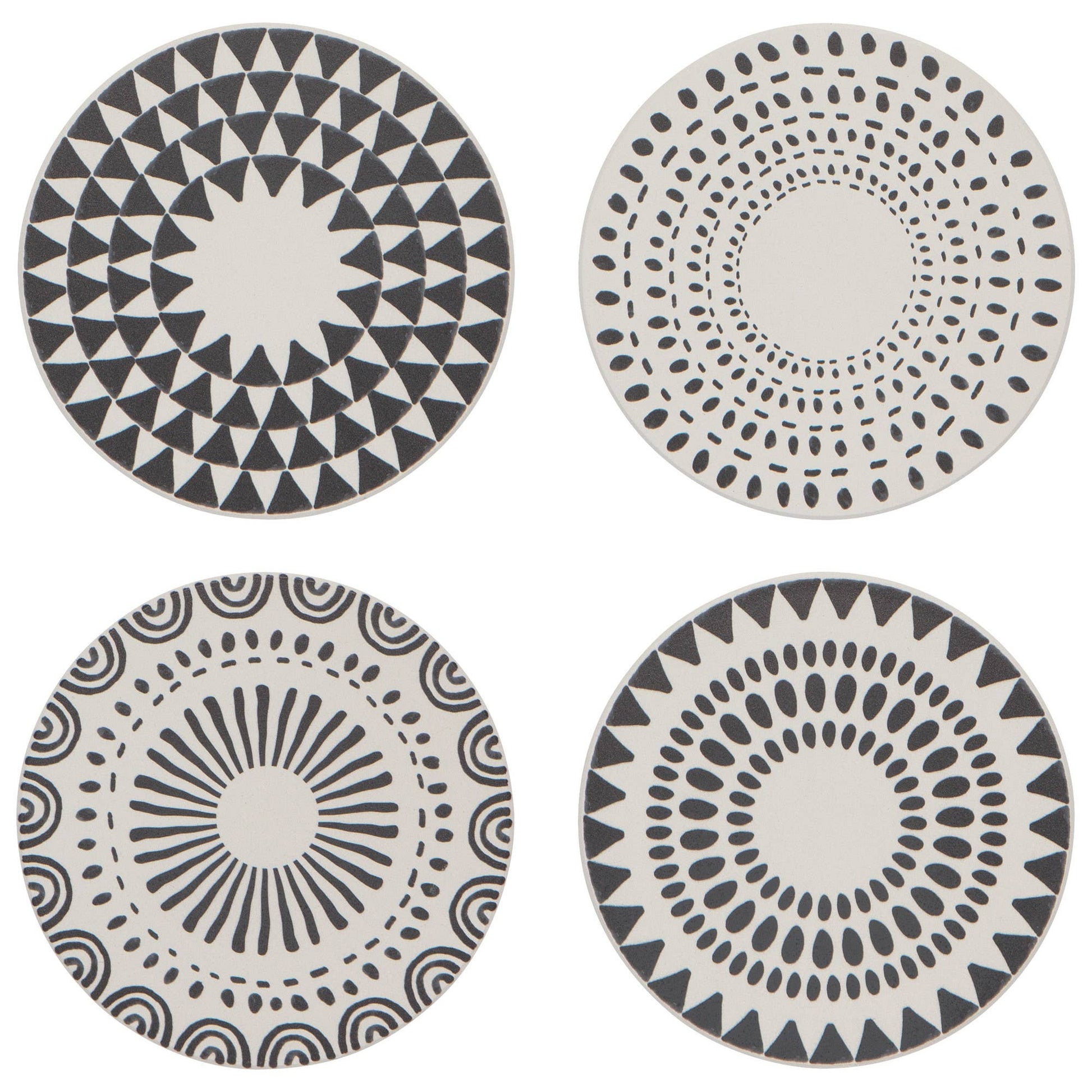 Add a touch of monochrome modern art to your tables or countertops with these Orbit Soak Up Coasters by Now Designs