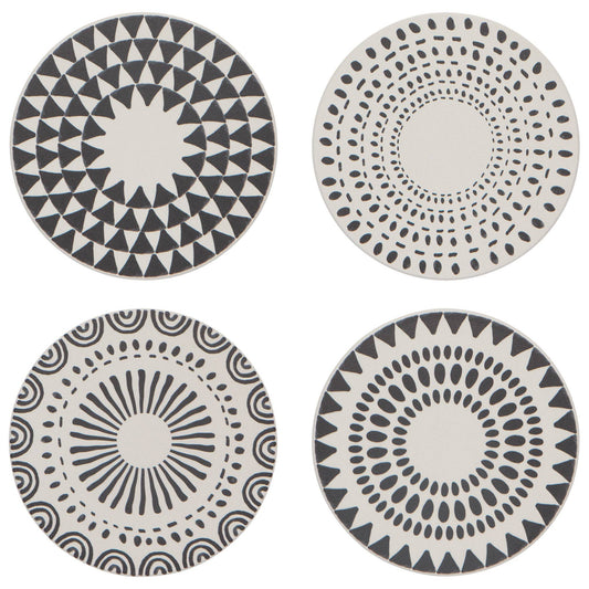 Add a touch of monochrome modern art to your tables or countertops with these Orbit Soak Up Coasters by Now Designs