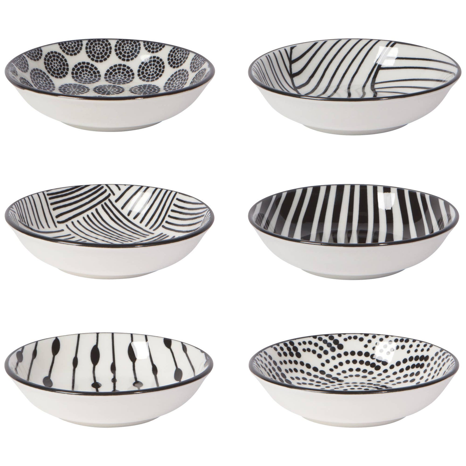A set of 6 black and white geometric patterned porcelain pinch bowls.