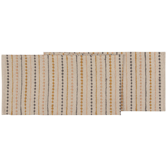 Two striped table runner,  hand woven with a beige and brown pattern on a white background