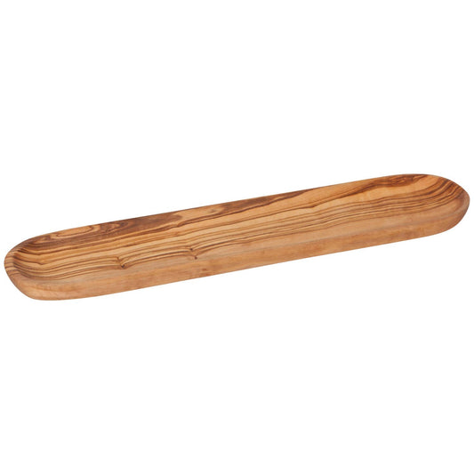 Olive Wood Tay - !4' L x 3" W. This tray is handcrafted, richly grained, and made from sustainable olive wood from branches that no longer bear fruit.
