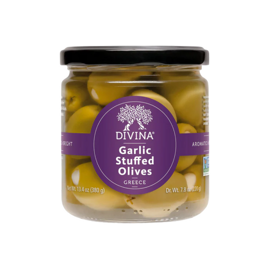 Garlic Stuffed Olives by Divina. This firm and meaty olive is great in salads or paired with aged cheddar.