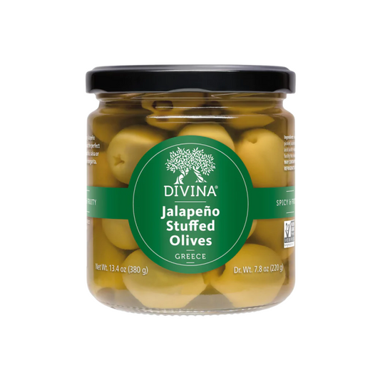 Jalapeno Stuffed Olives by Divino.  These olives add the perfect touch of heat to garnish a margarita.