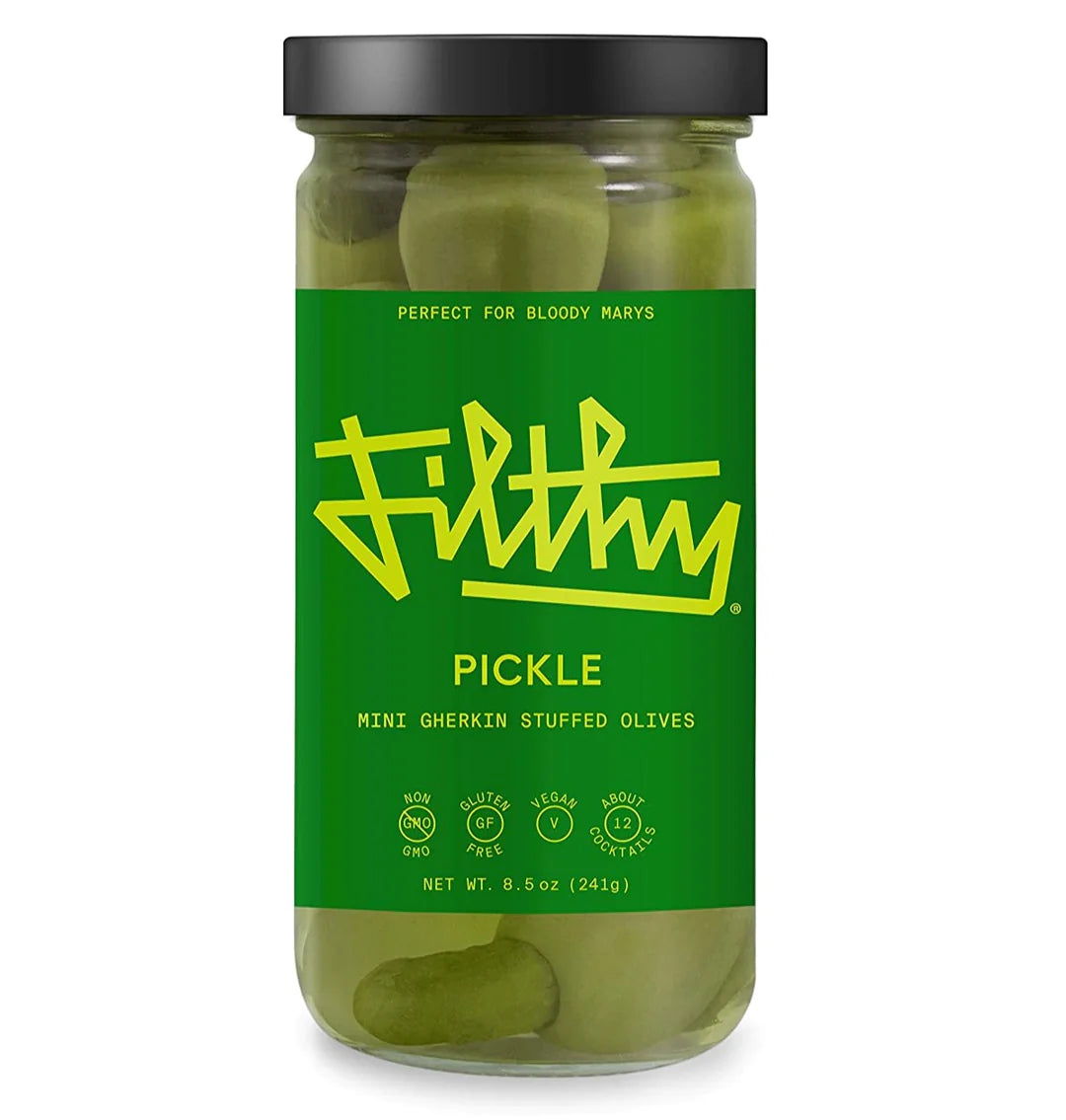 Filthy Pickle Olives. An olive stuffed with a Gherkin pickle.