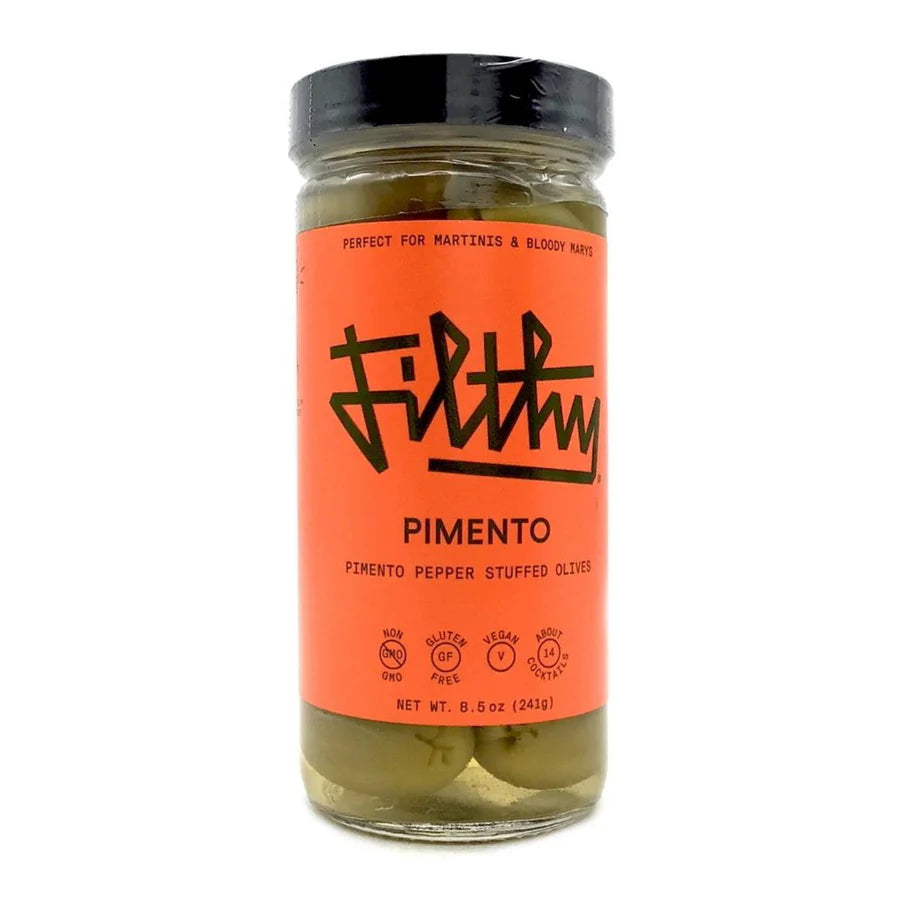 Filthy Pimento Olives. These olives are stuffed with the succulent, sweet flesh of a heart-shaped pimento pepper.