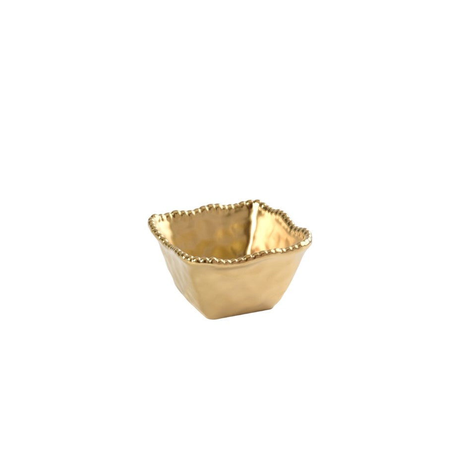 Gold and Gold Beaded Square Porcelain Bowl