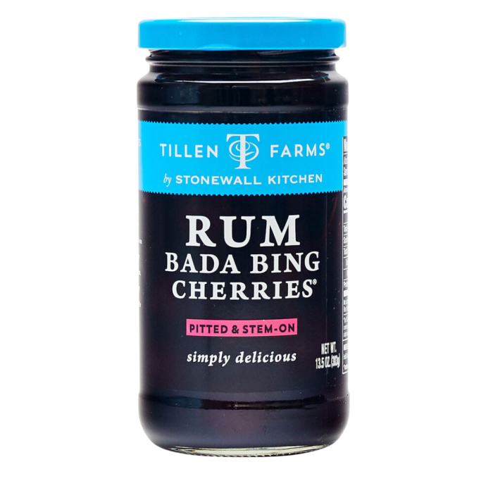 Rum Bada Bing Cherries by Tillen Farms. Add them to your favorite tiki cocktail or rum punch!