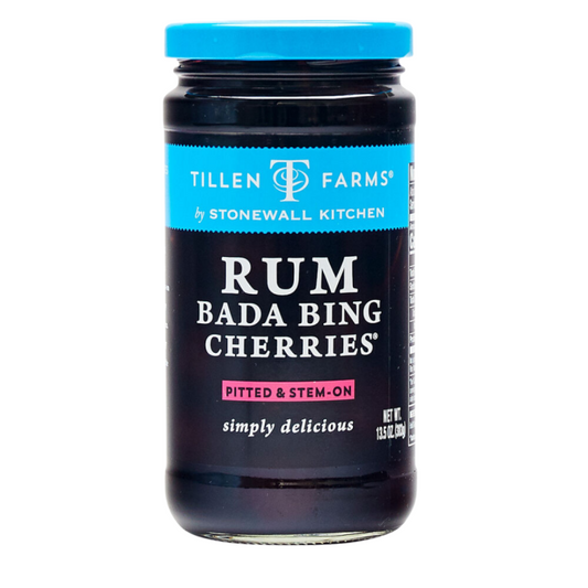 Rum Bada Bing Cherries by Tillen Farms. Add them to your favorite tiki cocktail or rum punch!