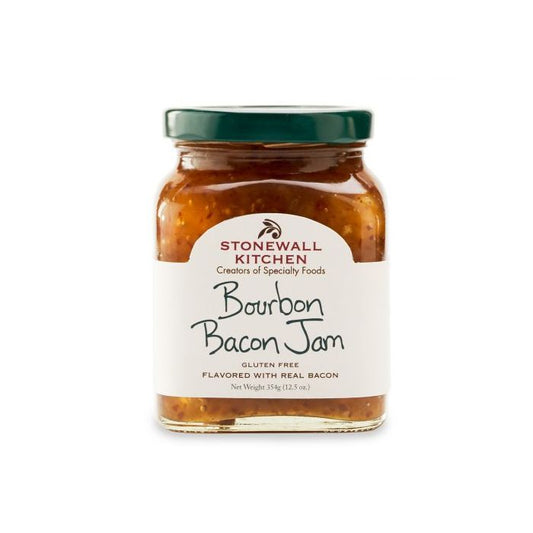 Bourbob Bacon Jam by Stonewall Kitchen.  A boozy, savory jam with real pieces of bacon Sweetened with Grade A Maine maple syrup 