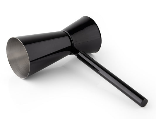 Double Jigger with a handle in Black.The long handle keeps hands mess free while you measure.