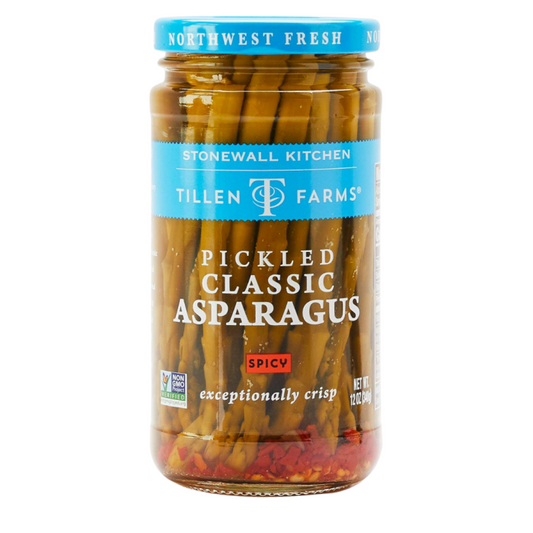 Spicy Pickled Asparagus by Tillen Farms. This adds extra zesty flavor to a Bloody Caesar.