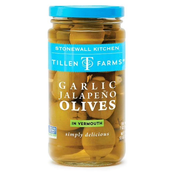 Garlic Jalapeno Olives by Tillen Farms. &nbsp;Kick your cocktail game up a notch with these large green olives that we’ve hand-stuffed with spicy jalapeño slices and zesty garlic