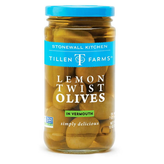 Lemon Twist Olives by Tillen Farms. Perfect for a martini or  a bright and zesty snack.