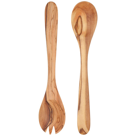 A set of two olive wood salad servers, with a smooth finish and curved serving ends.