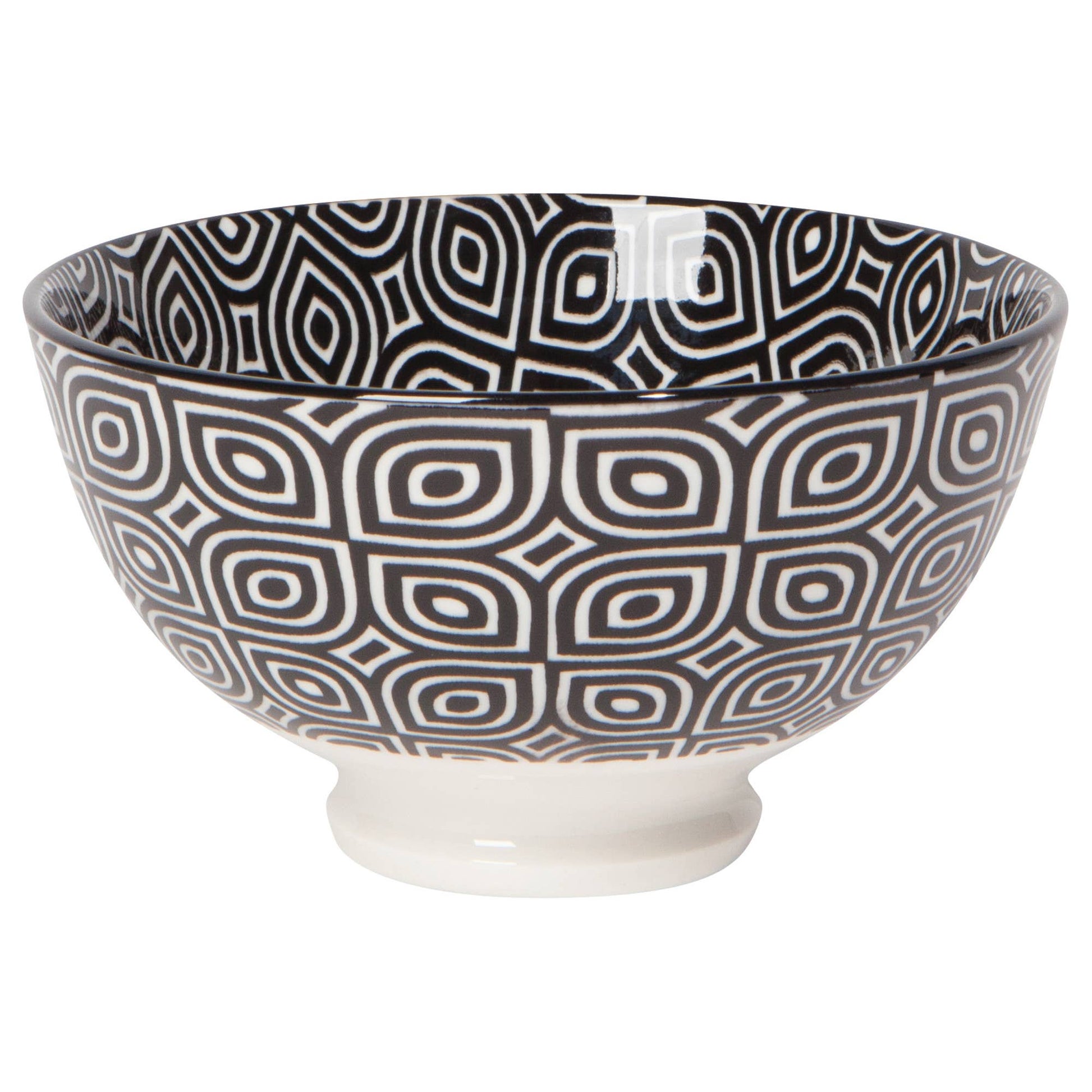 Ceramic bowl with black and white geometric pattern on a white background