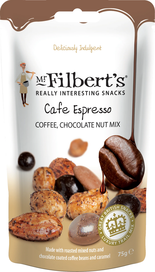 Mr. Filbert's cafe espresso coffee, chocolate nut mix