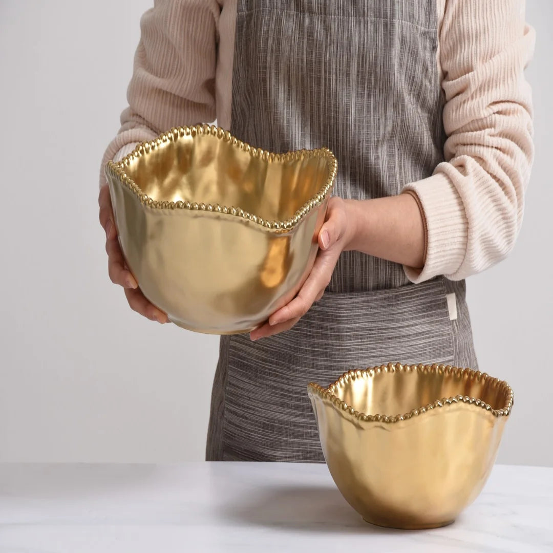 Large Gold Porcelain Bowl with Luxurious Gold Beading