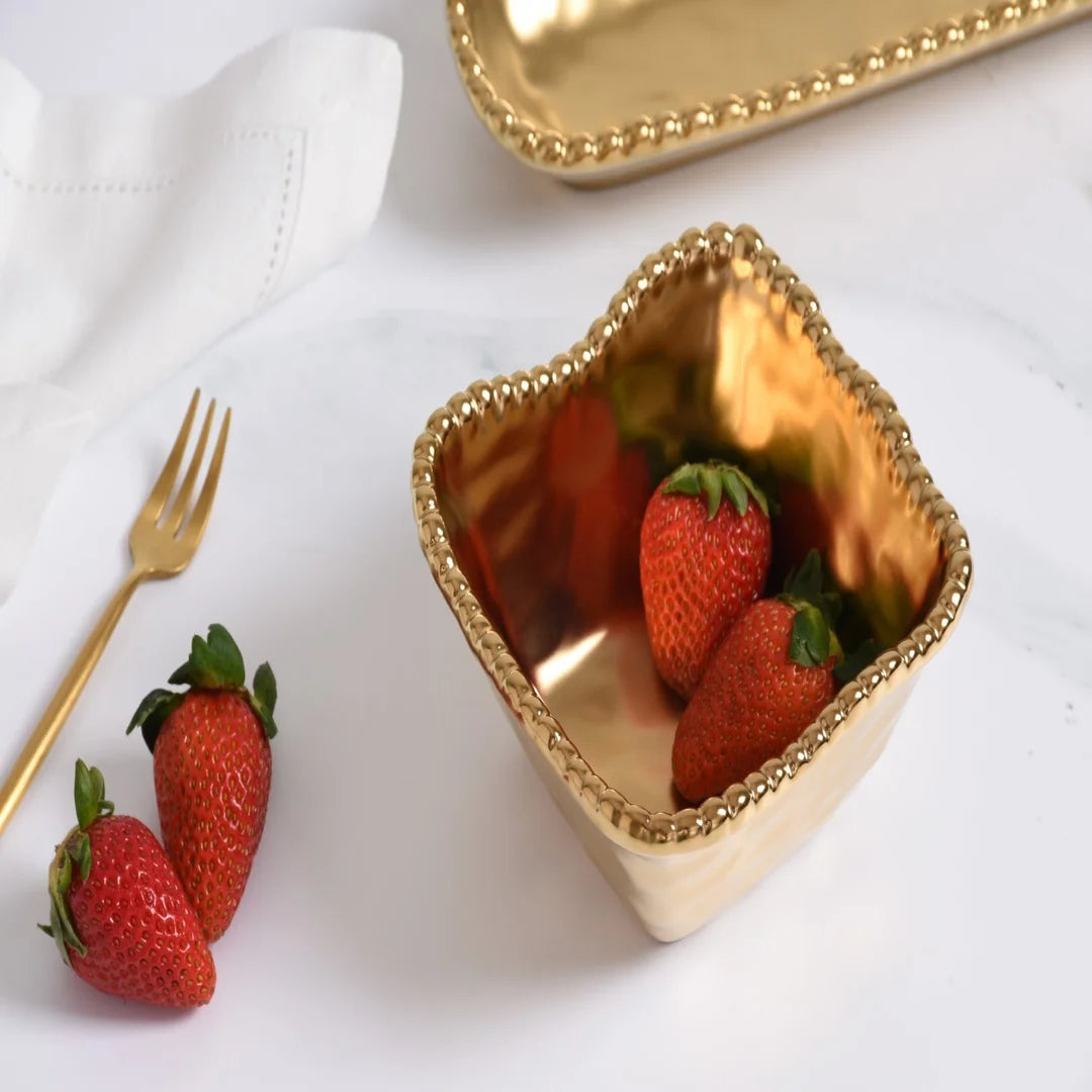 Gold and Gold Beaded Square Porcelain Bowl