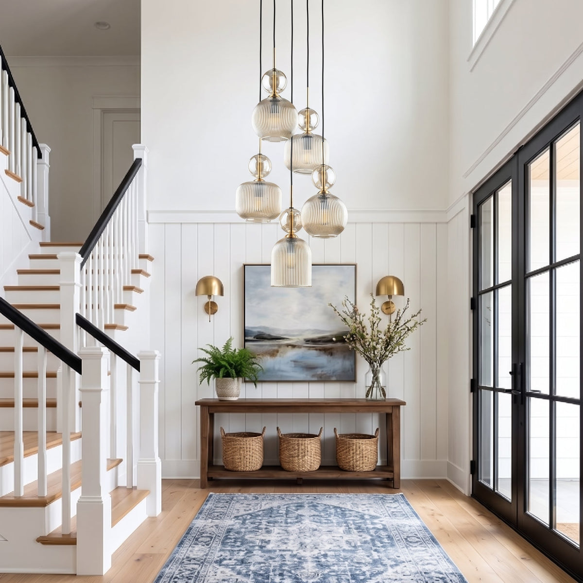 SOPHIA Cognac Ribbed Glass 5-Light Cluster Pendant for Dining, Living Room & Hallway